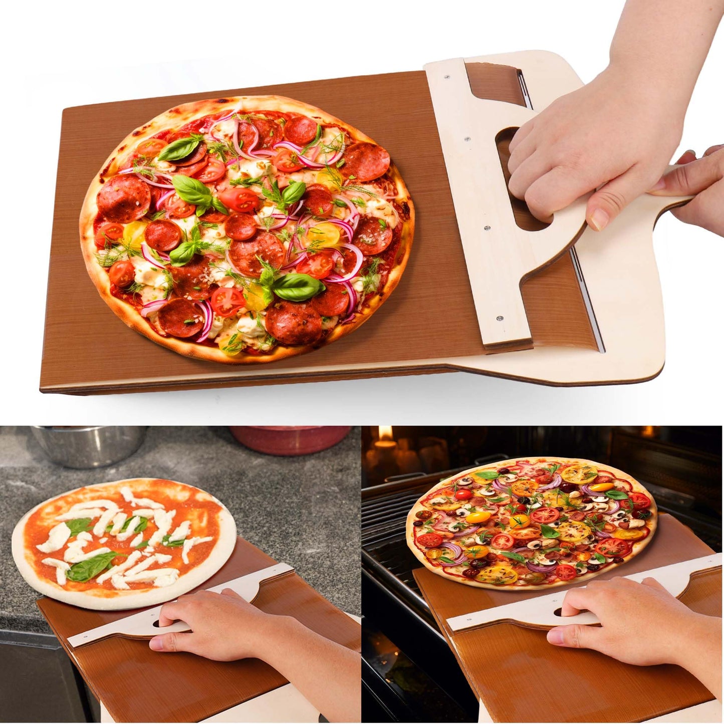 Pizzaschaufel mit Holzgriff – 3 Größen, Rutschbrett & Aufbewahrungsbrett für die Küche