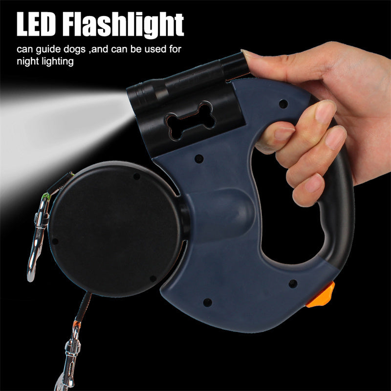 2-in-1 Einziehbare Hundeleine für kleine Hunde – Doppelleine mit LED-Licht