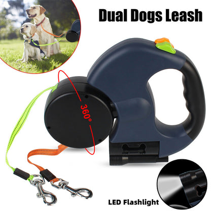2-in-1 Einziehbare Hundeleine für kleine Hunde – Doppelleine mit LED-Licht