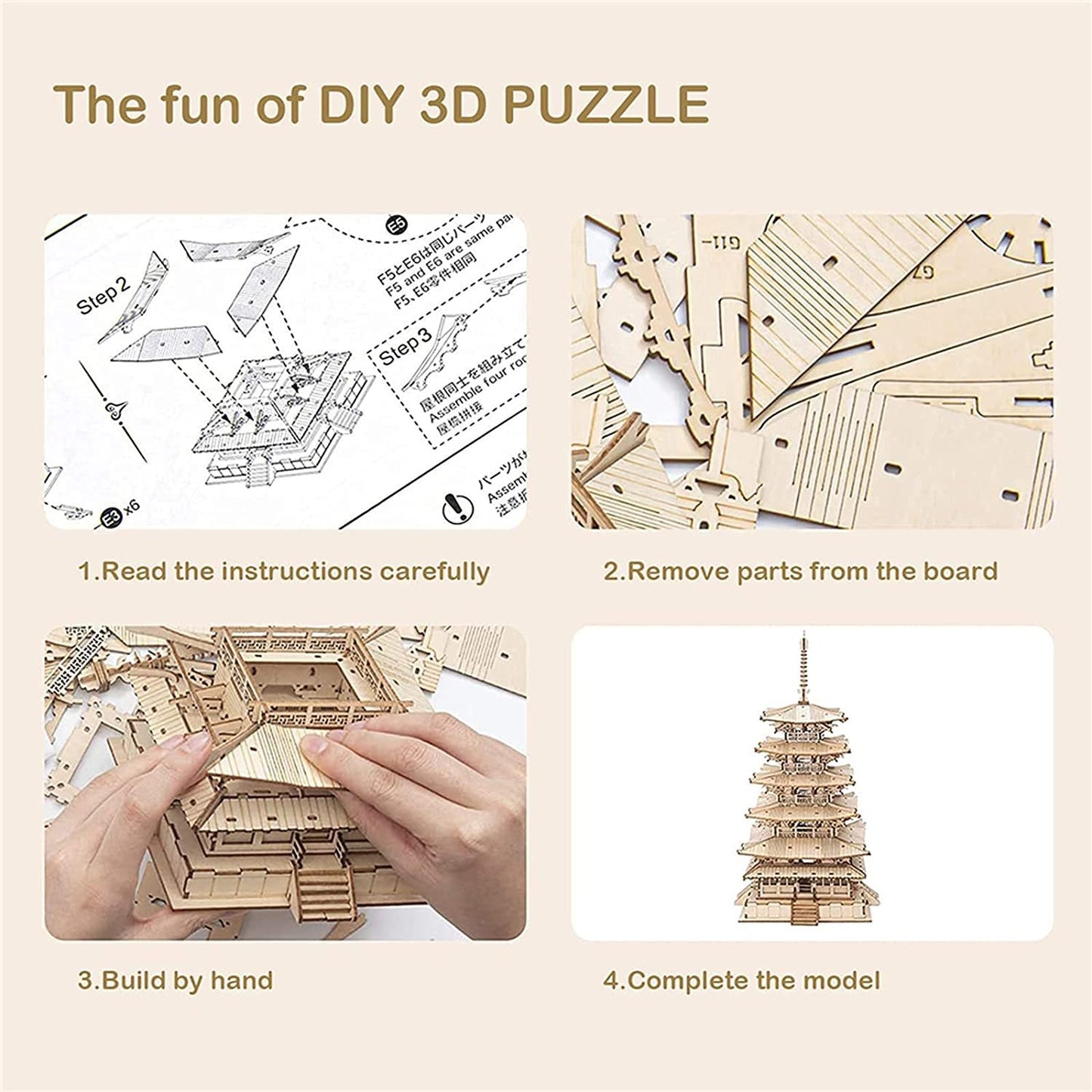 Robotime Fünfstöckige Pagode – 3D Holzpuzzle Spielzeug für Kinder, Geburtstagsgeschenk TGN02